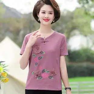 妈妈夏装棉麻套装女士短袖绣花上衣中老年人休闲大码民族风两件套