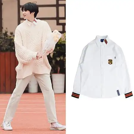 tnt刘耀文同款衣服复古韩版学院刺绣长袖打底衬衫