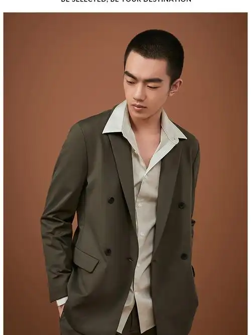 selected思莱德纯色双排扣商务西装外套男sig421472002草绿色190108a