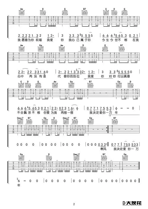 爱你一万年吉他谱_伍佰_g调指法_弹唱六线谱_图片
