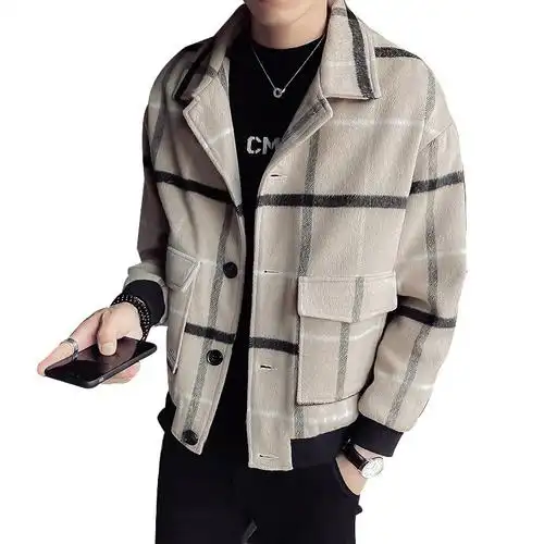 冬季个性线条格子毛呢大衣男士潮牌宽松短款风衣潮流呢子加厚外套