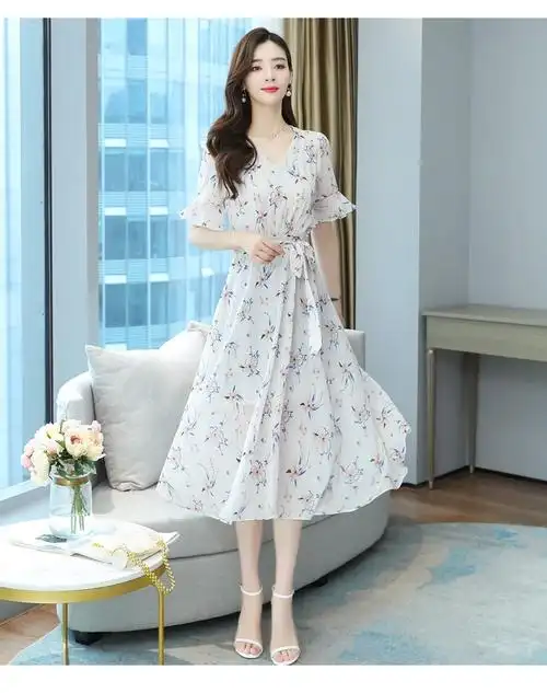 收腰显瘦女装气质雪纺碎花长裙女神范夏天裙子白底兰花l建议108120斤