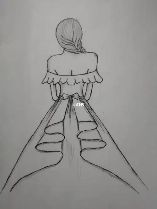 长发女孩背影简笔画孤单穿裙子