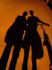 路灯下哥俩和自行车的影子