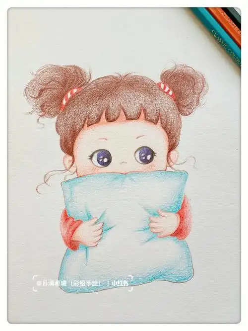 彩铅画卡通女孩绘画过程