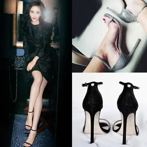 明星网红杨颖杨幂同款凉鞋性感走秀百搭黑色一字带扣高跟鞋女细跟