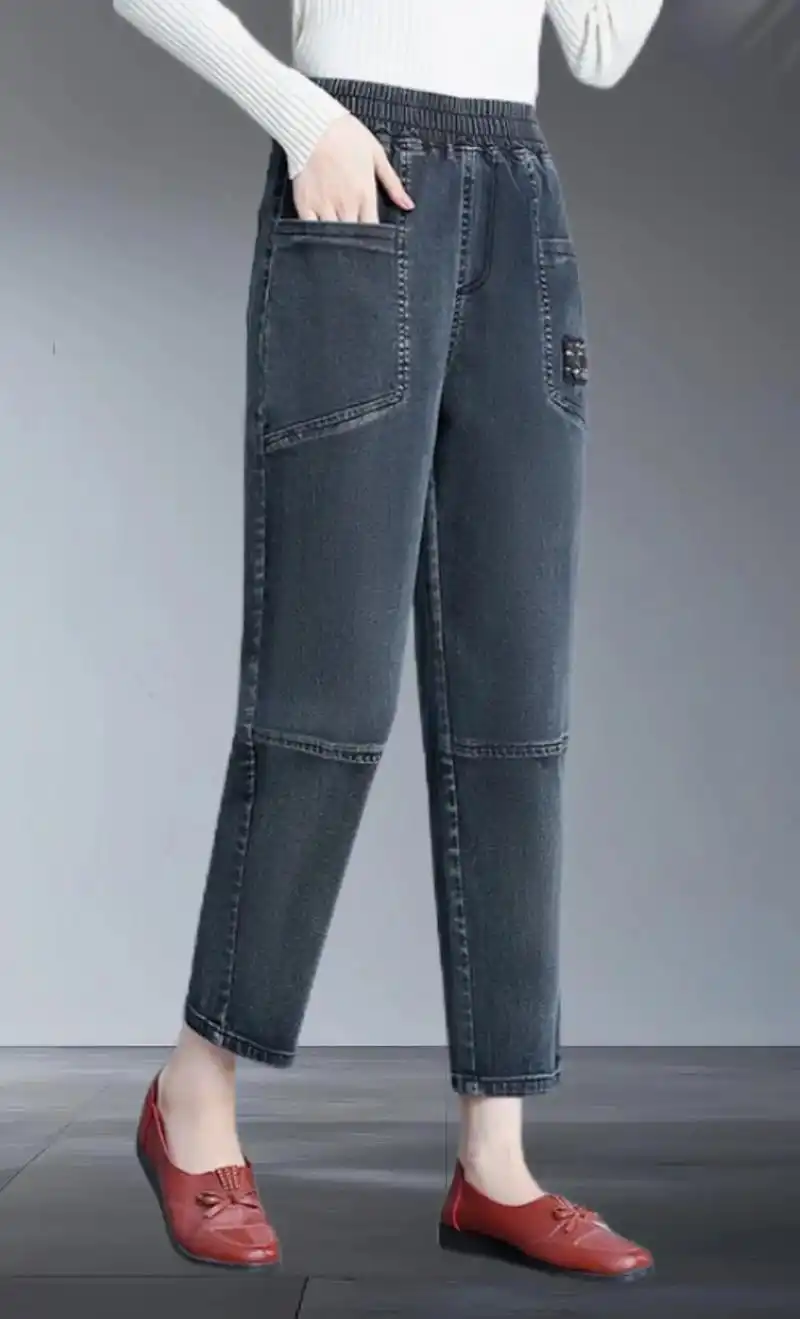 松紧腰哈伦牛仔裤,女春季宽松弹力高腰大码哈伦裤,妈妈可以穿的 - 抖