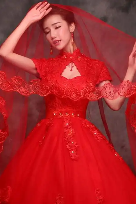 水晶相恋新款红色新娘结婚头纱韩式单层婚礼蕾丝花边婚纱超长头纱