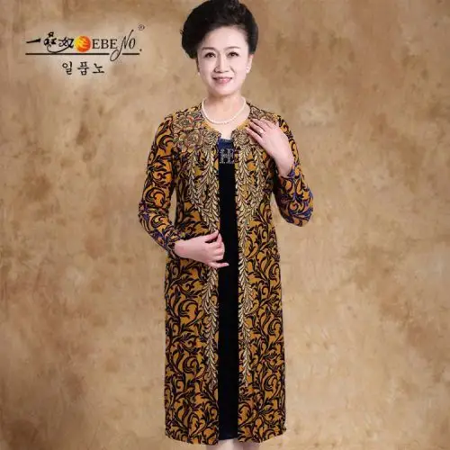 一品奴新款中老年女装绣花金丝绒长款假两件连衣裙加大码肥妈妈装