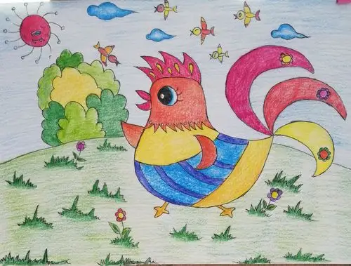 彩色铅笔画小公鸡