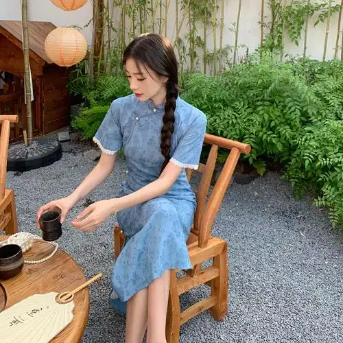 实拍现货#150小矮个子民国风改良新中式旗袍连衣裙夏季a字中长款 - 17