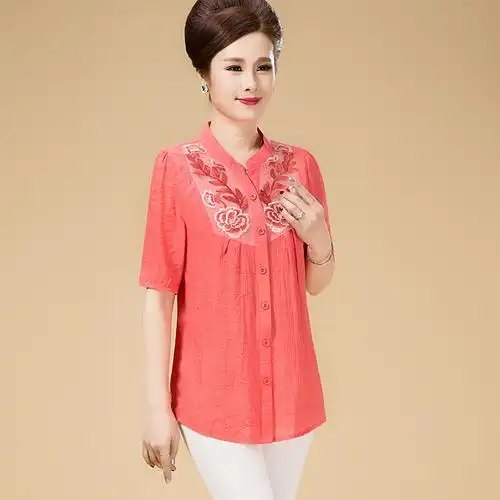 中老年女装夏装新款棉麻短袖t恤女宽松中年妈妈居家开衫短袖衬衫