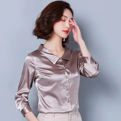 真丝衬衫女七分袖大码春夏新款修身绸缎面衬衣职业装桑蚕丝上衣潮