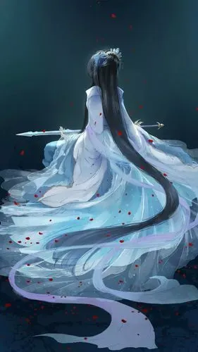 长发拿剑的古风长发美女的背影高清