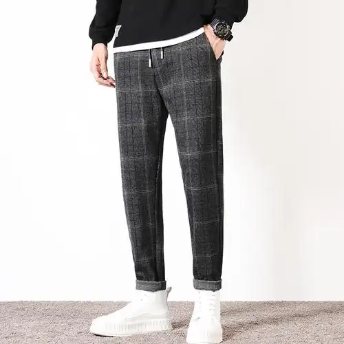 男装英伦格子西裤休闲裤男士青年修身弹力直筒男裤韩版潮牌长裤子