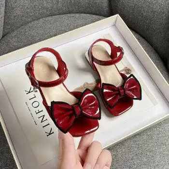 中小童小女孩软底魔术贴洋气儿童高跟蝴蝶结鞋子re11酒红色内长16cm