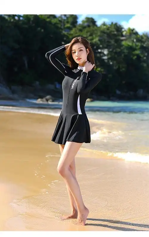 新款仙女韩范长袖连体裙泳衣防晒保守女学生遮肚显瘦运动大码泳装