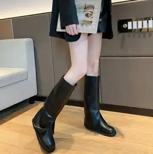 超火方头裤管高筒靴女软皮平底骑士靴套筒单靴长筒靴子不过膝长靴