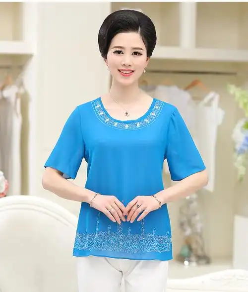 中老年女装夏装短袖t恤雪纺衫夏季绣花中年女装妈妈装夏装老年人上衣