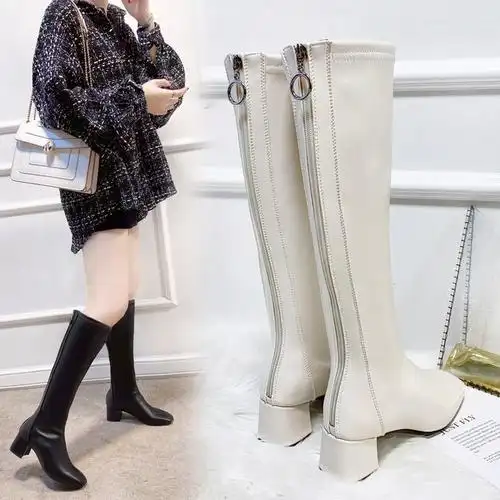 长筒靴女2023新款女靴冬方头后拉链高筒靴女式粗跟中跟靴子女批发