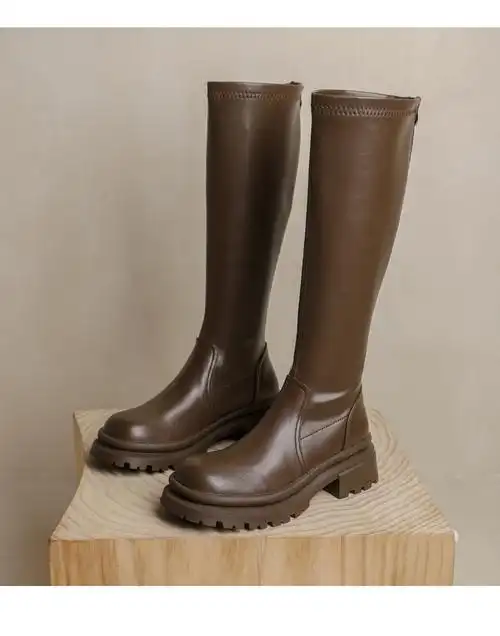 长筒靴腿粗后拉链厚底小个子中筒长皮靴秋冬新款高筒马丁靴女英伦长筒