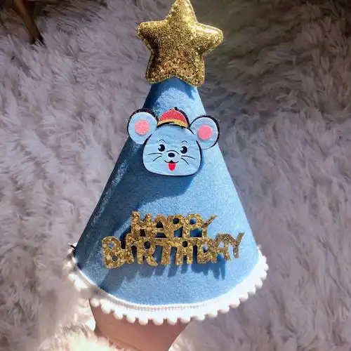 不织布生日帽ins烘焙拍照帽子成人宝宝周岁布置装饰帽天蓝色浅蓝鼠