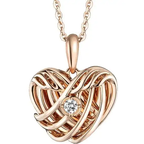 六福珠宝育翼系列 18k金 钻石吊坠女款玫瑰金链坠不含项链可镭射刻画