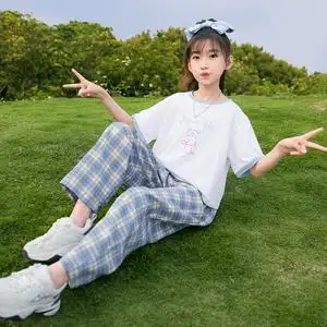 女童套装2021新款夏装大儿童小熊短袖t恤潮格子阔腿裤女孩两件套8
