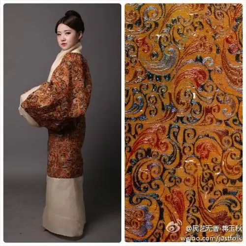 汉代直裾深衣,纹样仿自马王堆出土长寿绣残片,形制依据长沙马王堆汉墓