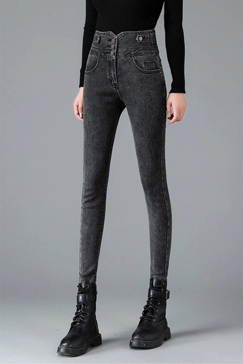 灰色超高腰牛仔裤女秋装2020新款修身小脚铅笔裤显瘦紧身裤子