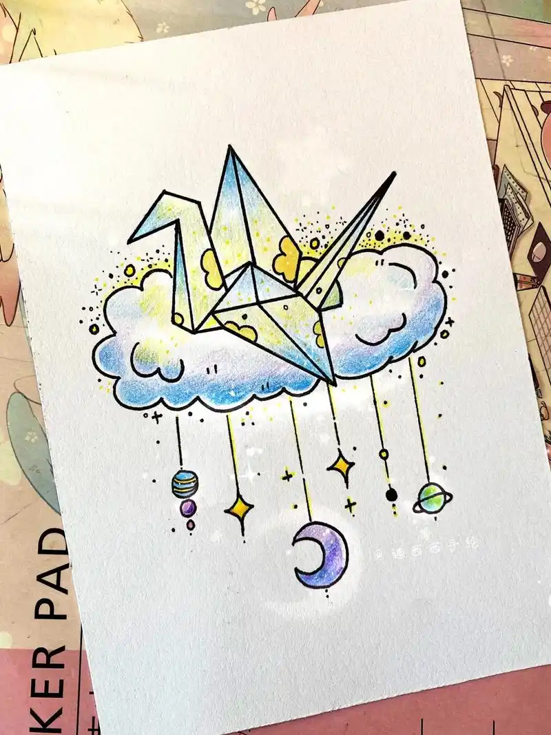 简笔画61插画,千纸鹤风铃.#简笔画#插画#治愈系 #绘画 # - 抖音