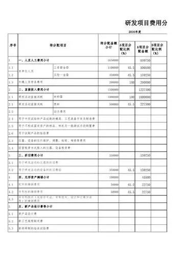 研发项目费用分配表(表二)