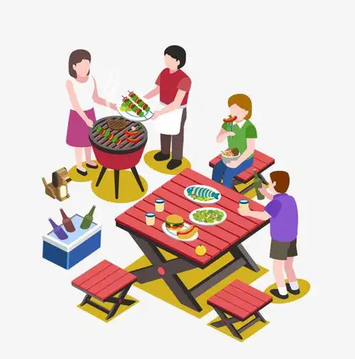 手绘卡通户外草地野餐烧烤