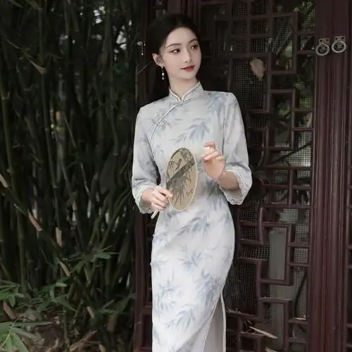 司藤旗袍中式复古年轻款少女印花长款倒大袖改良连衣裙2023新款