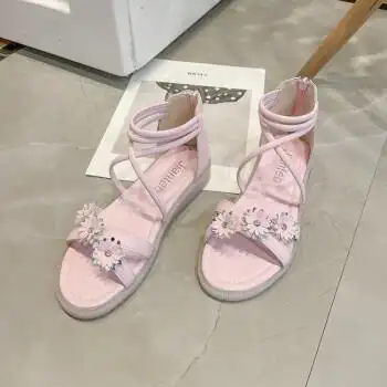 初中生女夏季14女孩韩版13学生中大童15岁夏天平底花朵12凉鞋粉红色36