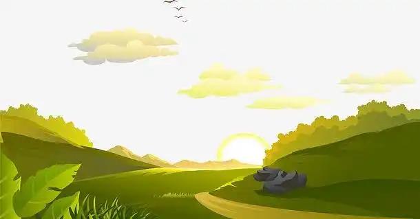 卡通春天原野日出风景背景矢量图