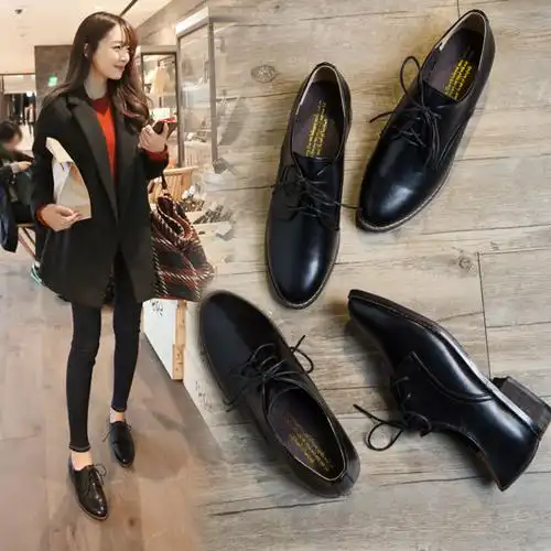 春秋新款韩版复古系带漆皮单鞋女低跟尖头学院风英伦小皮鞋小黑鞋