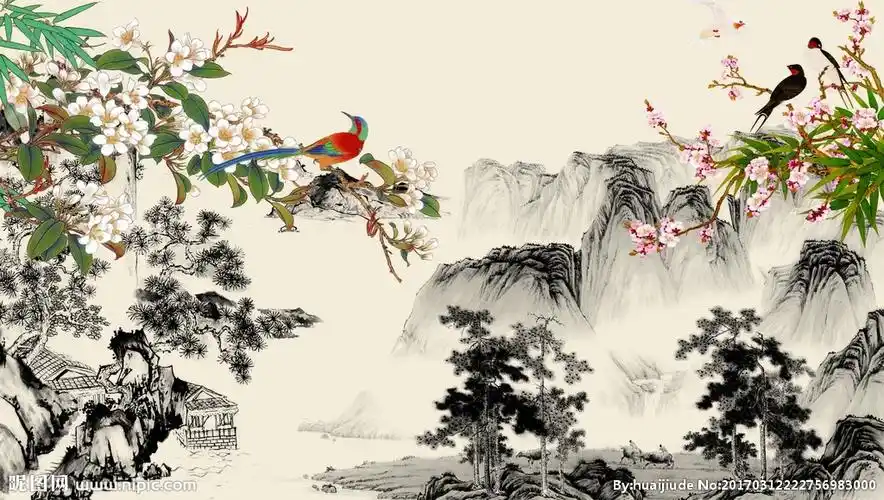花鸟水墨山水电视背景墙图片