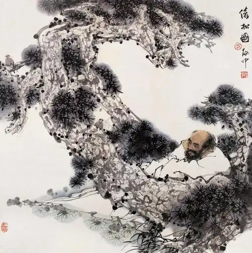 0170倚松图镜心设色纸本