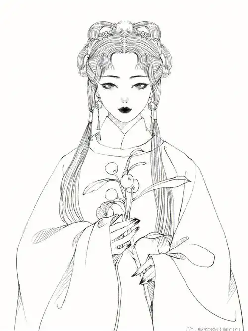 9张古风线稿手绘作者木槿十亩