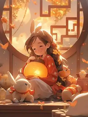 中秋节嫦娥玉兔月下嫦娥手捧月饼插图卡通唯美手绘可爱古风插画壁纸