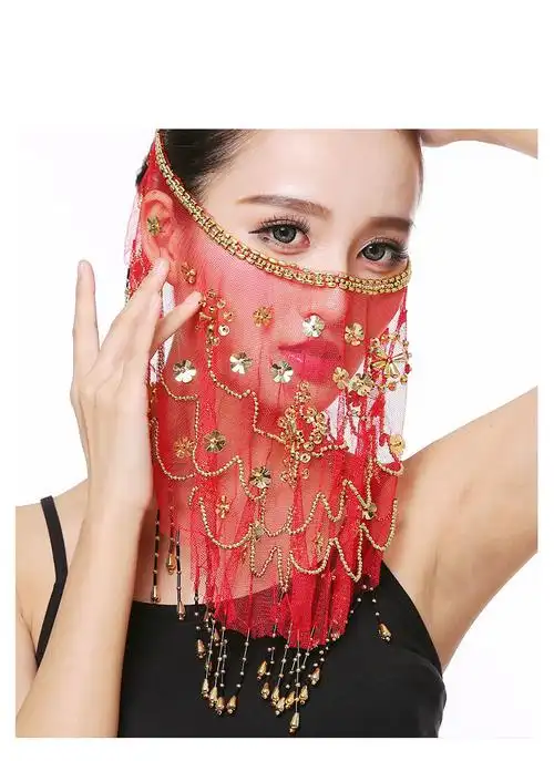 面纱印度舞蹈表演出服面纱蹈肚皮舞配饰新款梅花纱巾面罩面纱大红
