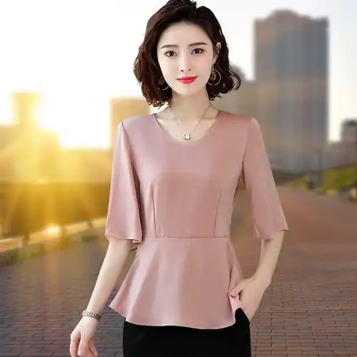 短袖雪纺衫女新款2022夏季七分袖洋气小衫中袖时尚妈妈装夏装上衣