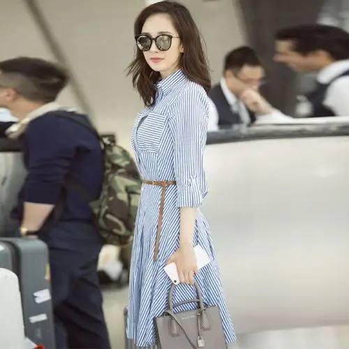 2020早春新款杨幂明星同款修身显瘦条纹衬衫中长款连衣裙打底裙潮