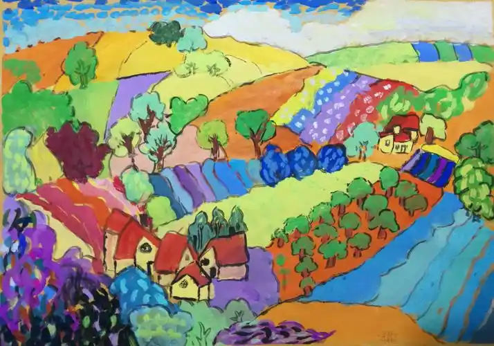 作品;【风和日丽】,尺寸8开,冯姝雅14岁画,作品荣获绘画类二等奖