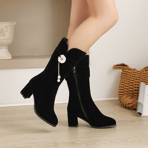 侧拉链春秋女士高跟长靴冬新款磨砂中筒靴粗跟女鞋马丁靴短靴