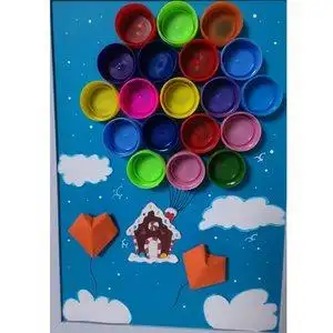 瓶盖画变废为宝废旧利用环保手工飞屋环游记毛线画锡箔纸贴画