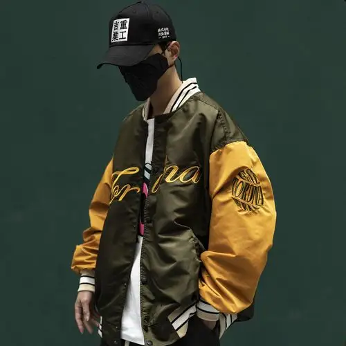 热销军绿色棒球羽绒服女_tordna美式复古棒球服嘻哈街头宽松男女立体