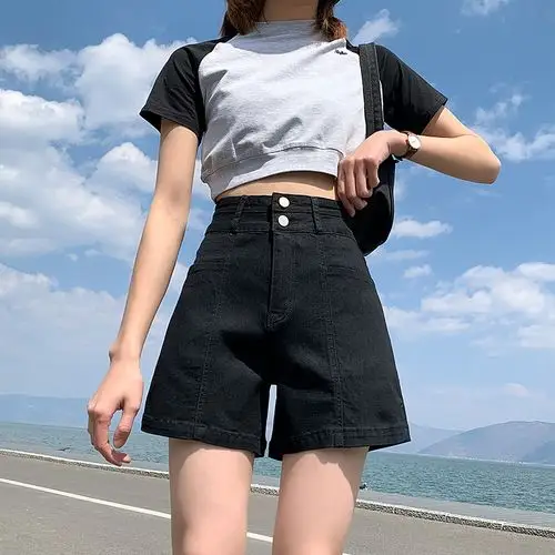 高腰大码牛仔短裤女夏2021新款弹力显瘦字热牛仔裤