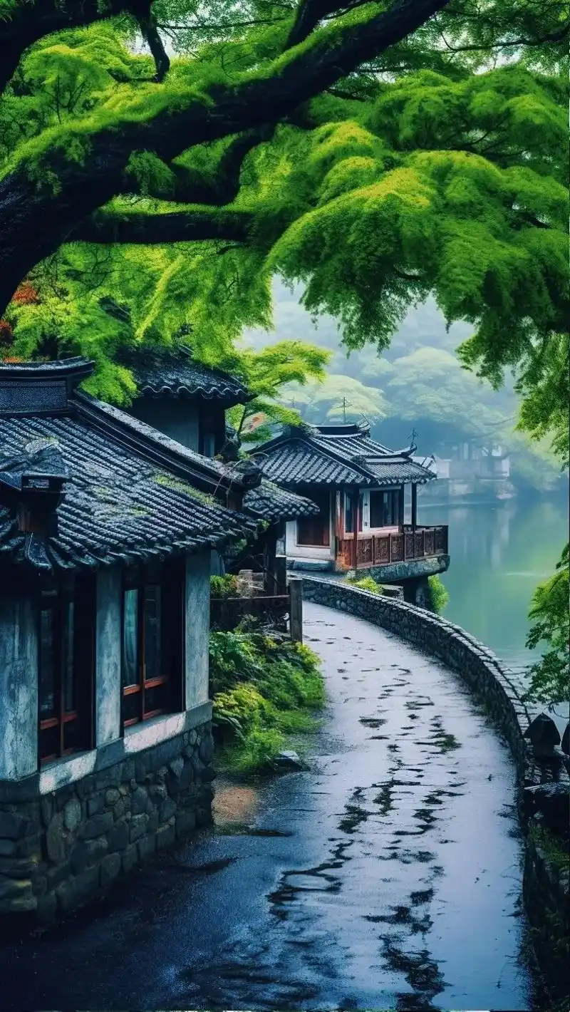 烟雨江南,石桥河道,雨中小船,8k超清近景,房屋树木湖水,真 - 抖音